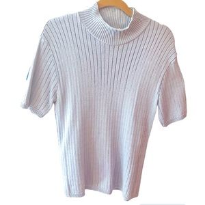 Steel Blue High Neck Short Sleeve Ribbed Top by Cotton Forever.   Size = Large.